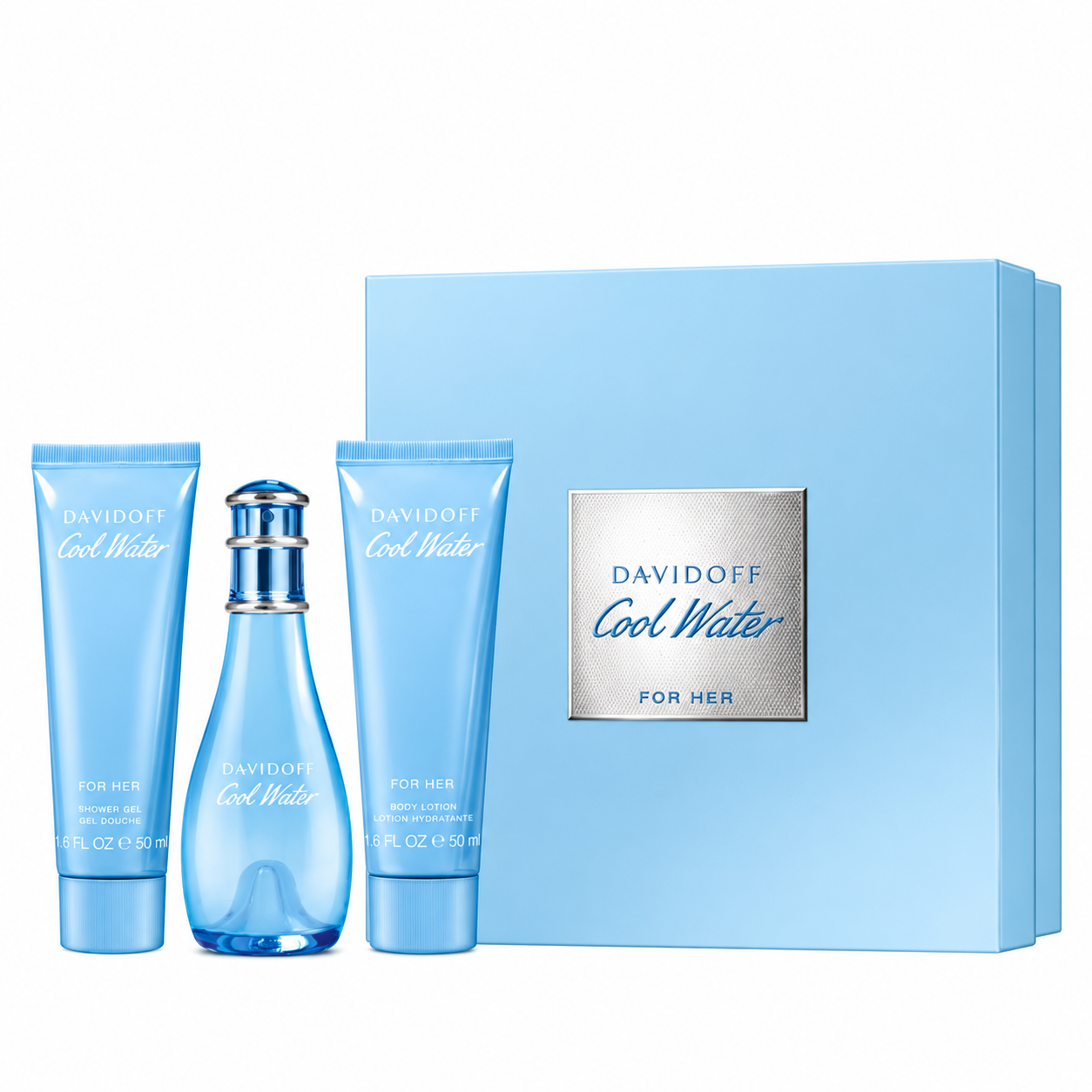 Davidoff Cool Water 3PCS Gift Set - 50ML EDT Spray + 50ML Body Lotion + 50ML Shower Gel (Women)