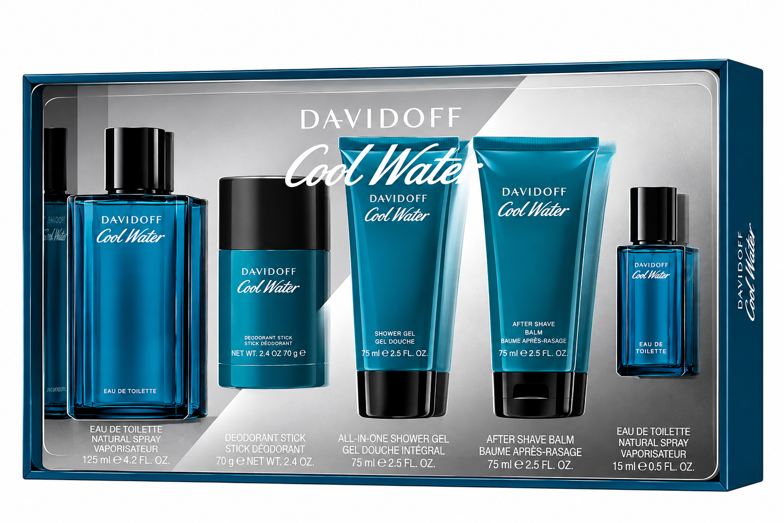 Davidoff Cool Water 5PCS Gift Set - 125ML EDT Spray + 70G Deodorant Stick + 75ML Shower Gel + 75ML After Shave Balm + 15ML EDT Spray (Men)
