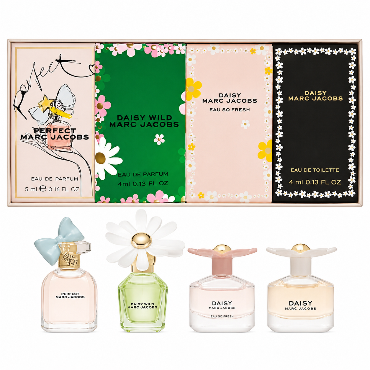 Marc Jacobs 4PCS Miniature Gift Set - Daisy 4ML EDT + Daisy Eau So Fresh 4ML EDT + Daisy Wild 4ML EDP + Perfect 5ML EDP (Women)