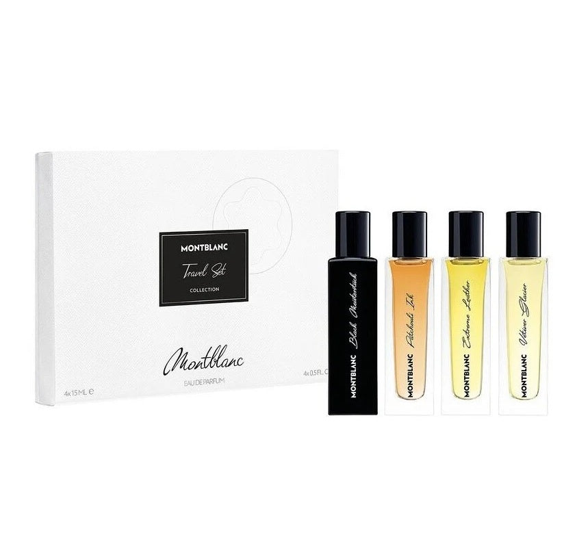 Mont Blanc Travel Set Collection (4 X 15ML EDP) - Black Meisterstuck + Patchouli Ink + Extreme Leather + Vetiver Glacier (Men)