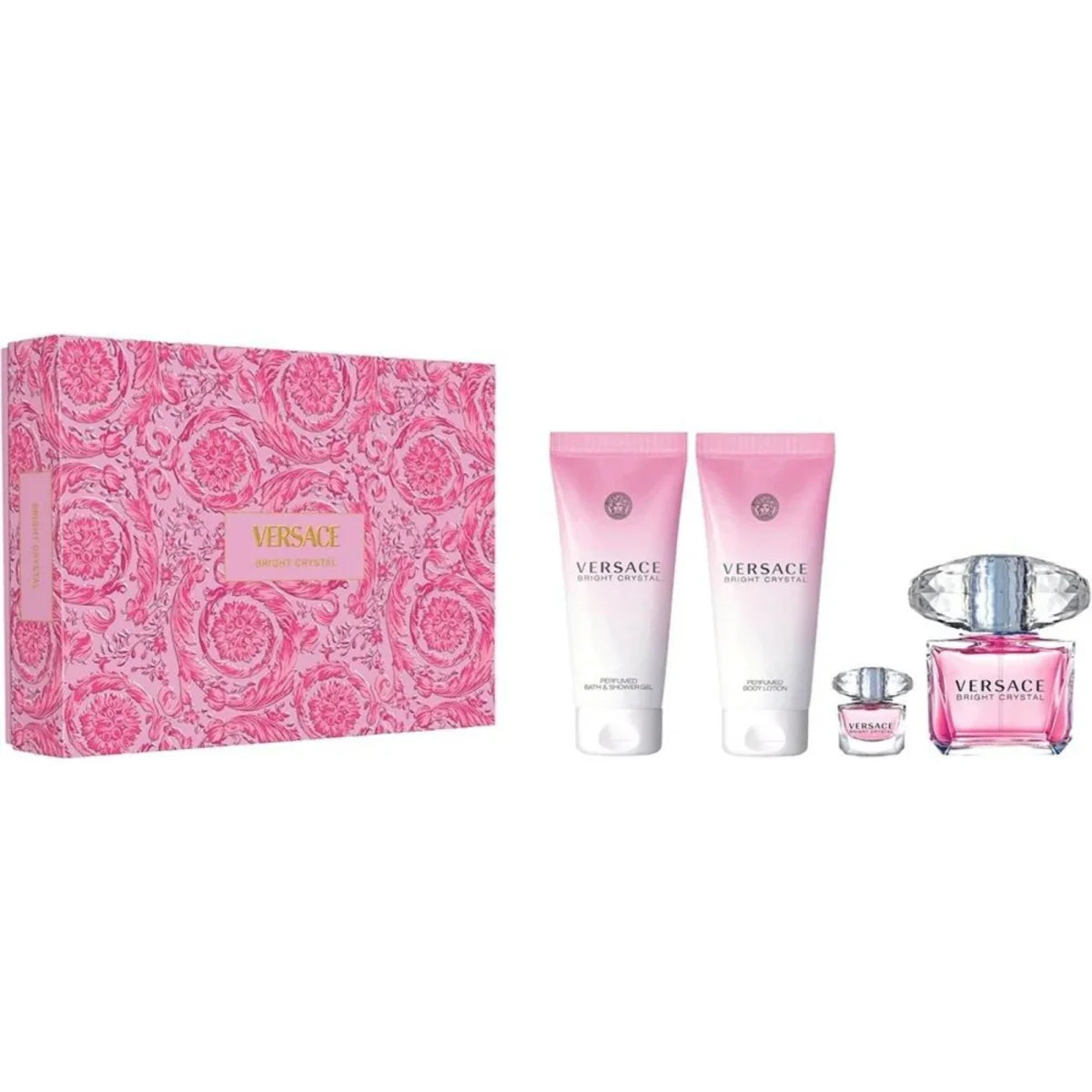 Versace Bright Crystal 4PCS Gift Set - 100ML EDT Spray + 100ML Perfumed Body Lotion + 100ML Perfumed Bath & Shower Gel + 5ML EDT Spray (Women)