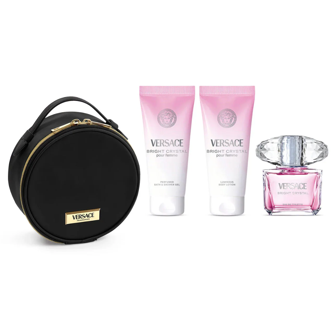 Versace Bright Crystal 4PCS Gift Set - 90ML EDT Spray + 100ML Body Lotion + 100ML Shower Gel + Versace Beauty Case (Women)