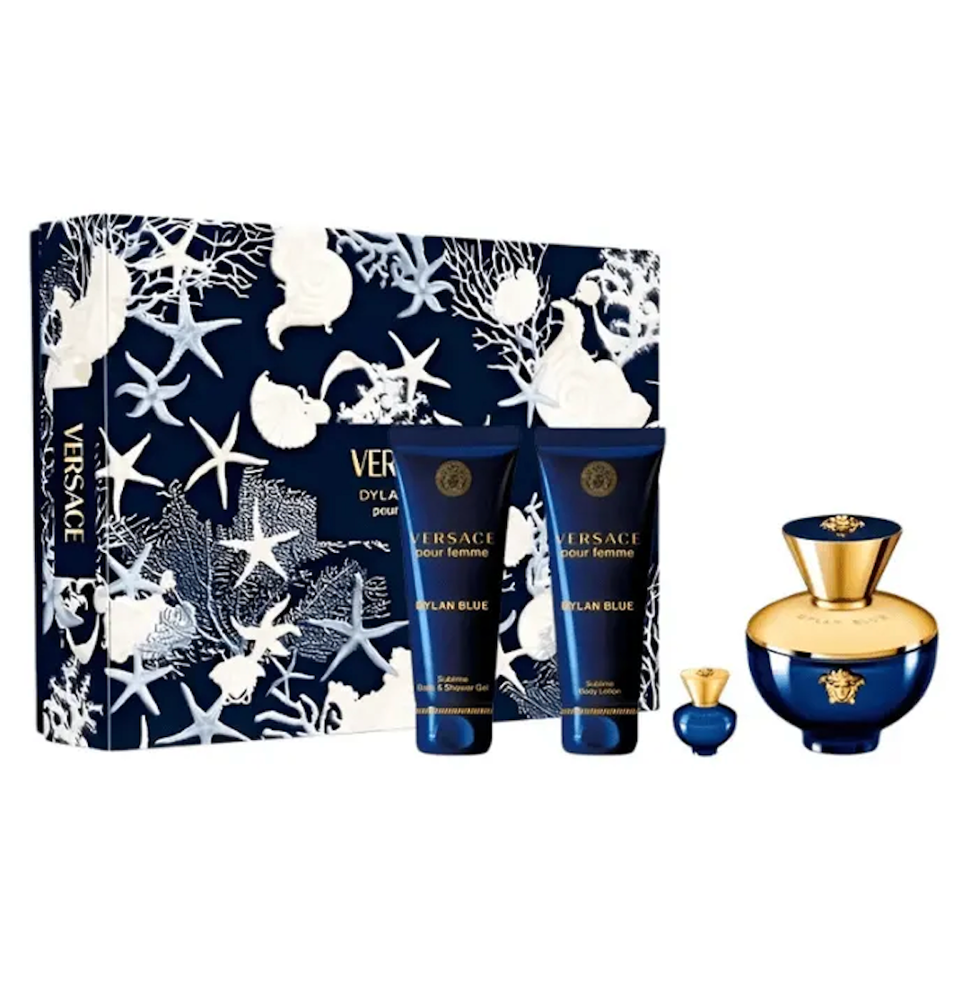 Versace Dylan Blue Pour Femme 4PCS Gift Set - 100ML EDP Spray + 100ML Sublime Bath & Shower Gel + 100ML Sublime Body Lotion + 5ML EDP Spray (Women)